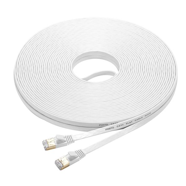 Cat7 LAN Cable, 25m White, FOSTO Ethernet Cable, Ultra Flat Cable, High Speed STP Anti-Crack, RJ45 Connector, Gigabit 10Gbps/600MHz Gold Plated Connector, 25M White