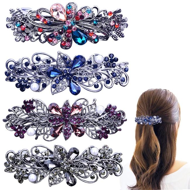 4 PCS Hair Barrettes for Women Ladies, Flower Crystal Rhinestones Barrettes Pearl Spring Hair Clip Accessories Women Fashion Ponytail Holders Barrettes for Daily Wear Mothers Day Gifts