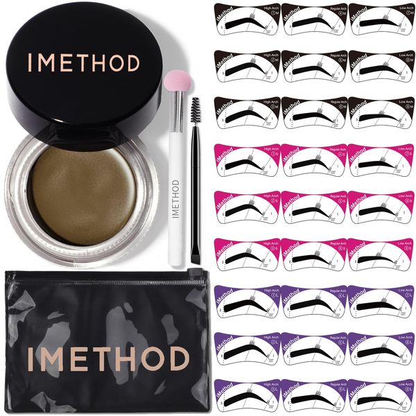 iMethod Eyebrow Stamp Stencil Kit - Brow Stamp and Stencil Kit with Brow pomade, 27 Reusable Stencils, Dual-ended Brush and Sponge Applicator, Brow Trio Eyebrow Kit, Easy to Use, Brown