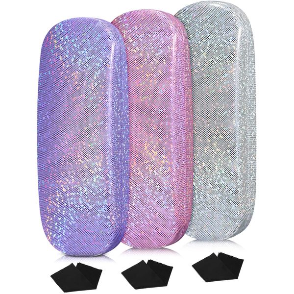 Weewooday 3 Pack Glasses Case for Kids Hard Shell Eyeglass Case, Glitter Protective Sunglasses Case for Girls Women