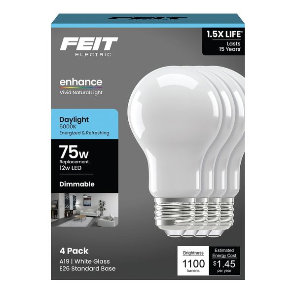 Feit Electric A19 LED Light Bulb, 75W Equivalent, 5000K Daylight, Dimmable, 1100