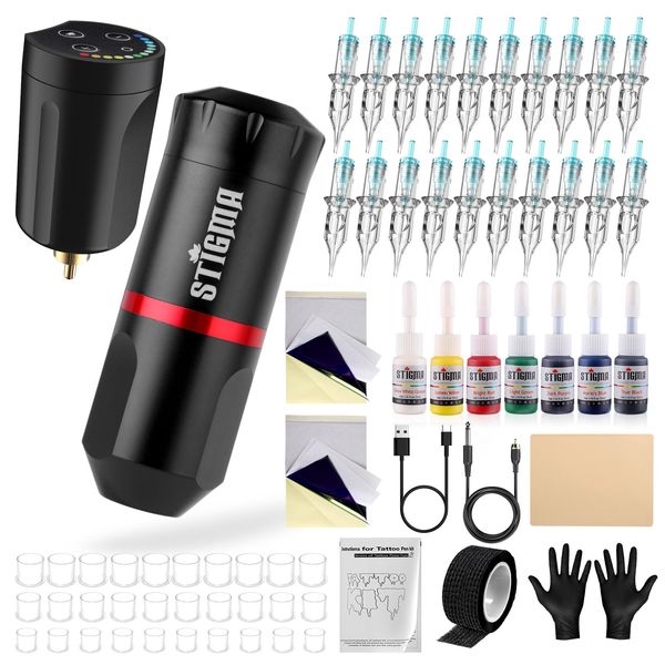 Stigma Tattoo Maschine Set Tattoo Kit für Anfänger Wireless Tattoo Power Supply 7 Tattoo Ink 20Pcs Tattoo Cartridge Needles STQ49P802-1