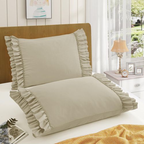 RUDONG M Ruffled Pillow Cases Set of 2, Queen Microfiber Pillowcases, Decorative Ruffle Pillow Covers with Envelope Closure, 20x30 Inches Beige Boho Pillow Shams