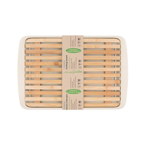 Bamboo Wood Cutting Board Lid w/ drop-through crumb spaces; on Bamboo Fibre Large Serving Tray White