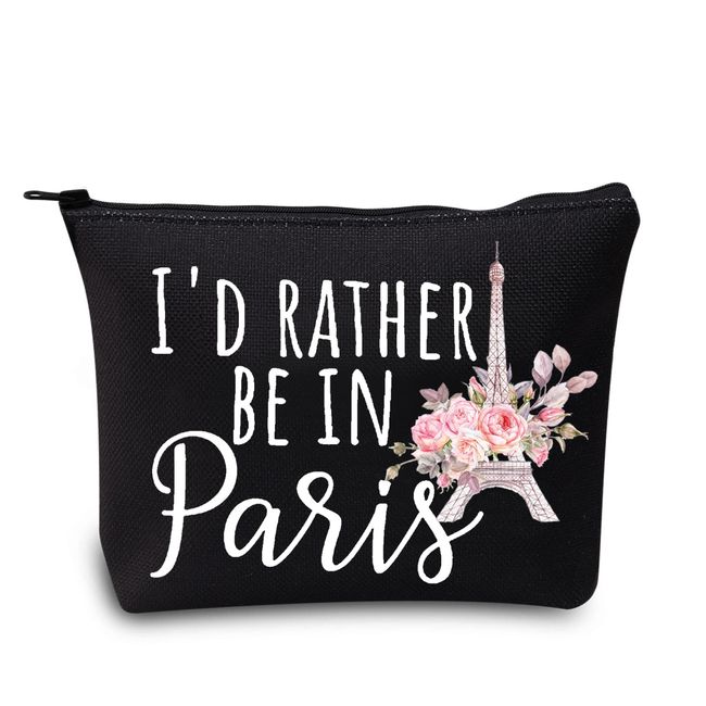 LEVLO Lustige Kosmetiktasche mit Eiffelturm, Make-up-Tasche, Frankreich, Paris, Reisende, Geschenke "I'd Rather Be In Paris", Make-up-Tasche für Frauen und Mädchen, Be in Paris Black, Kosmetiktasche