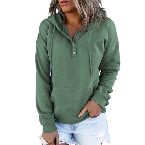 Dokotoo Fashion Winter Hoodies & Sweatshirts Drawstring Long Sleeve Front Button Collar Hooded Pullovers with Pockets for Women Loose Fit Casual Ladies Fall Shirt Tops Large Green