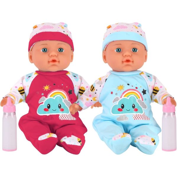 Liberty Imports 2 Pack Twin Baby Dolls Playset - 12" Realistic Soft Body Talking Newborn Boy & Girl Toy Dolls with Magic Milk Bottles Accessories for Kids Imaginative Pretend Play Nursing