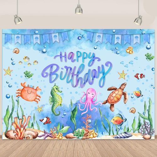 Blue Ocean Happy Birthday Backdrop Sea Animal Under The Sea Backdrop for Kids Under Ocean Theme Birthday Photography Background Blue Flags Turtle Underwater Background Banner 5x3Ft