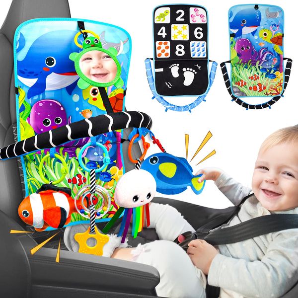 Baby Car Seat Ocean Animals Toys - Kick and Play Double Sided Infant Car Seat Toys with Plush Toys, Mirror, Teether for Baby, Baby Travel Activities, Christmas Birthday Gifts Newborn Infant Toys