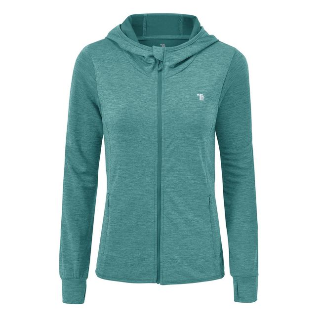 donhobo Damen Laufjacke Sportjacke Langarm Trainingsjacke Leichte Sweatjacke mit Tasche Daumenloch Für Yoga Fitness (Cyan Blau, M)