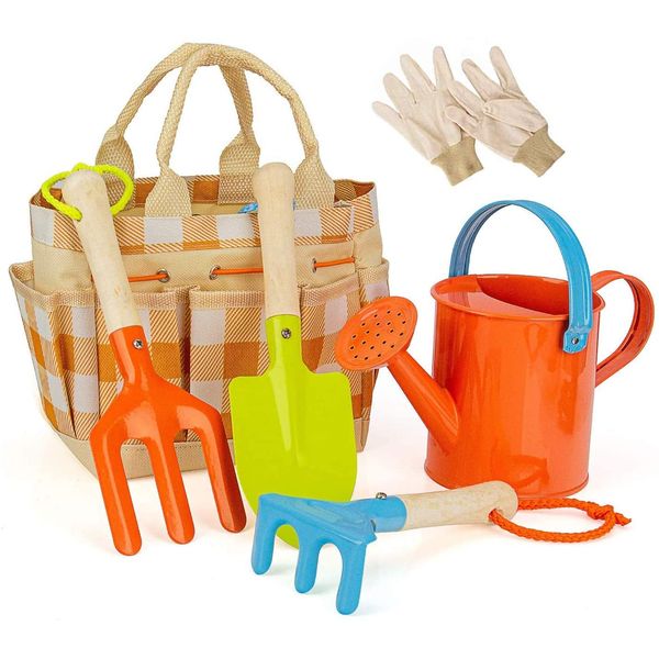 STORMSHOPPING Kids Gardening Tool Set for Toddler, Childrens Garden Tool Set for Girl, Set of Watering Can, Gloves, Trowel, Shovel, Rake and Garden Bag