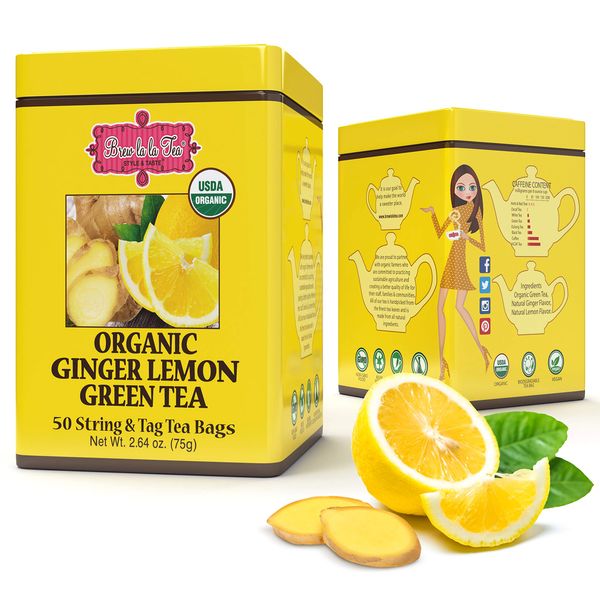 Brew La La Organic Green Tea - Natural Ginger Lemon Flavor - 50 Tea Bag Tin - Low Caffeine Tea - USDA Certified Organic