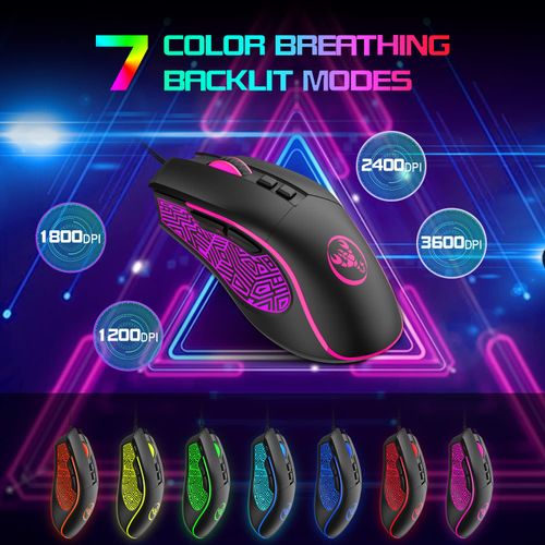 HXSJ X100 Gaming Mouse Wired,Ergonomic PC Gaming Mice with 7 Colors LED Backlit,7 Buttons,Gaming Optical Sensor,4 DPI Level Settings,Up to 3600 DPI,Lightweight,for PC,Laptop,Mac,PS4,XBOX - Black