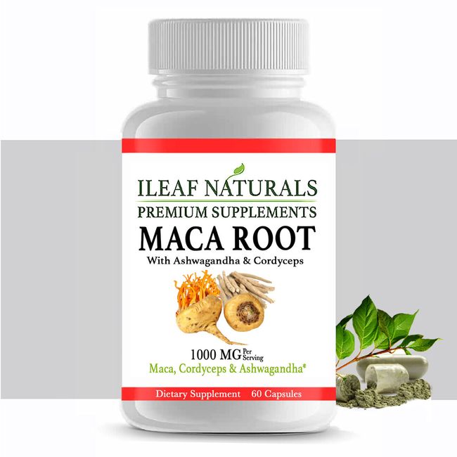 iLeafNaturals Maca Root Energy Capsules with Ashwagandha & Cordyceps 1000MG