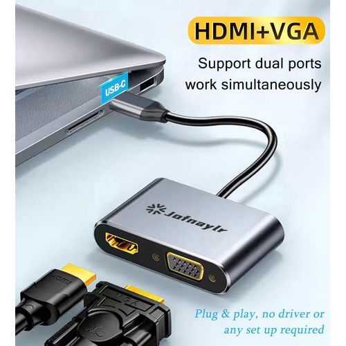 USB C to HDMI VGA Adapter for Dual Monitors, USB C to VGA, USB Type C to HDMI Hub Extend 4K HD Display Video Converter for MacBook, iMac, iPad Air/Pro, iPhone 15/16, XPS and More