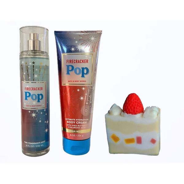 white barn - Bath & Body Works- Firecracker Pop 2 Piece Bundle - Fragrance Mist - Body Cream - and Strawberry Cake Soap Natural