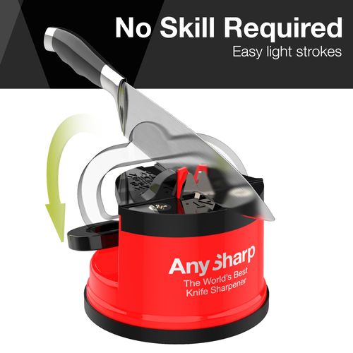 AnySharp Knife Sharpener | Hands-Free Safety, PowerGrip Suction | Safely Sharpens All Kitchen Knives | Ideal for Hardened Steel & Serrated | World's Best | Compact, One Size | Red