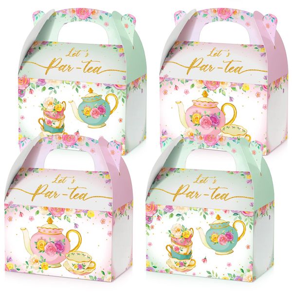 TaoBary 24 Pcs Tea Party Treat Boxes Pink and Green Floral Tea Candy Boxes Tea Theme Goodies Gift Boxes Wedding Tea Party Favor Boxes Teapot Paper Box Floral Tea Party Supplies for Wedding Shower