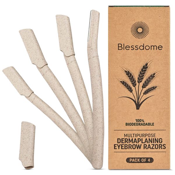 BlessDome Biodegradable Eyebrow Face Razor for Women - Dermaplaning Blades Kit - Face Shaver Tool for Removing Hair and Dead Skin - Easy to Use Peach Fuzz Remover - Eco Friendly (Pack of 4)