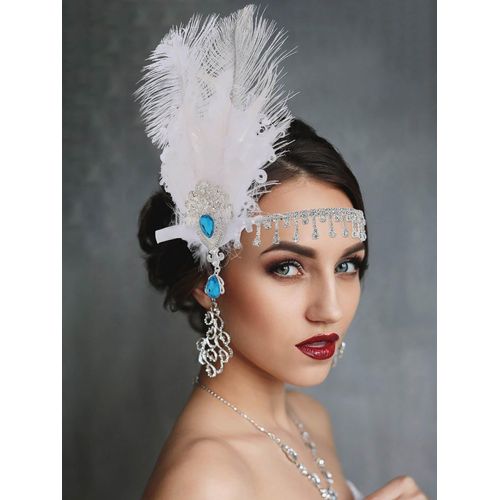 IYOU Women Feather Flapper Headpiece White Crystal Headband Crystal 1920s Great Gatsby Hair Accessories for Costume Wedding Party Festival Prom Tea Party