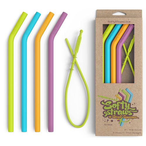 Softy Straws Wide Premium Reusable Silicone Drinking Straws + Patented Straw Squeegee - 9” Long With Curved Bend for 20/30/32oz Tumblers BPA Free Non Rubber, Flexible, Safe for Kids/Toddlers