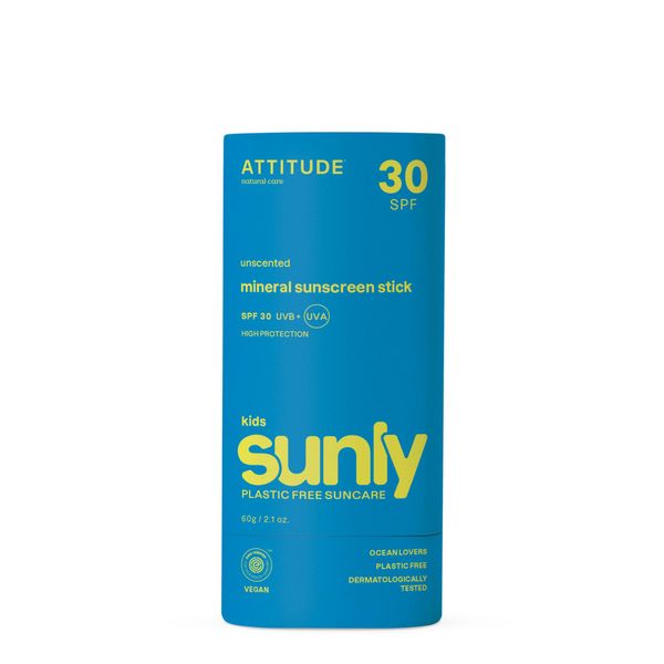 ATTITUDE Mineral Sunscreen Stick for Kids, SPF 30, EWG Verified, Plastic-Free, Broad Spectrum UVA/UVB Protection with Zinc Oxide, Dermatologically Tested, Vegan, Unscented, 60 g