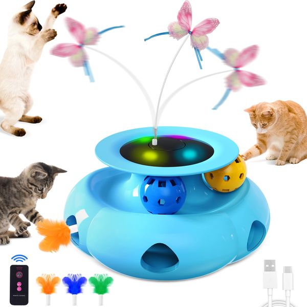 Xuyub Interactive Cat Toys for Indoor Cats Rechargeable 3-in-1 Ambush Feather, Fluttering Butterfly, Track Balls, Automatic Kitten Toys Touch Activated (Blue)