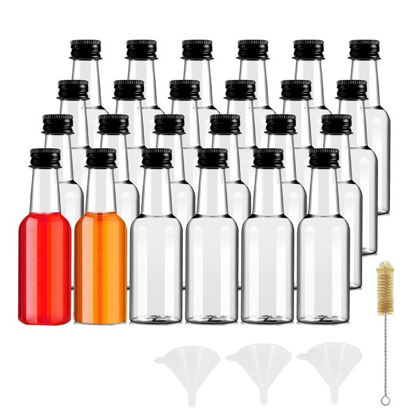 YBCPACK Small Bottles for Filling, Pack of 24, 50 ml Mini Shot Bottles with Lid for Wedding, Party, Art, Includes 3 Mini Plastic Funnels and 1 Brush
