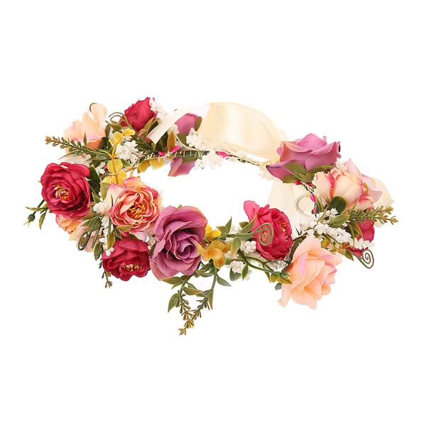 LLinfflr Rose Flower Crown Bridal Floral Headband Hair Wreath Flower Headpiece Halo Boho with Ribbon Wedding Party Festival Photos