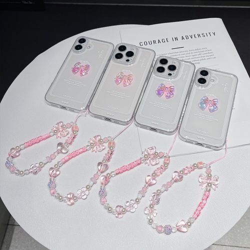 Vinlayss Compatible for iPhone 16 Plus Case (6.7-inches, 2024) with Cute 3D Bowknot and Pearl Patterns + Bow Crystal Sparkle Sparkly Chain Aesthetic Design Slim Phone Case for Women Teen Girls - Pink