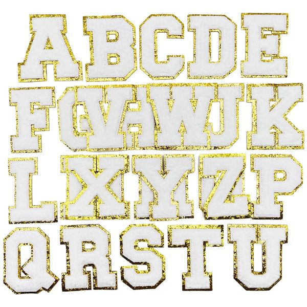 Jongdari Letter Patches Varsity Chenille Iron on Letters Patchs for Clothing English Letter A-Z with Gold Glitters Border, 26pcs White