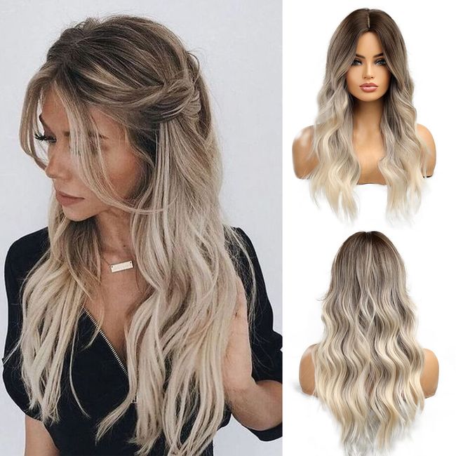 Esmee Long Wavy Ombre Brown to Blonde Wigs for Women Synthetic Hair Heat Resistant Ombre Wig for Daily Party Cosplay Use-24Inches