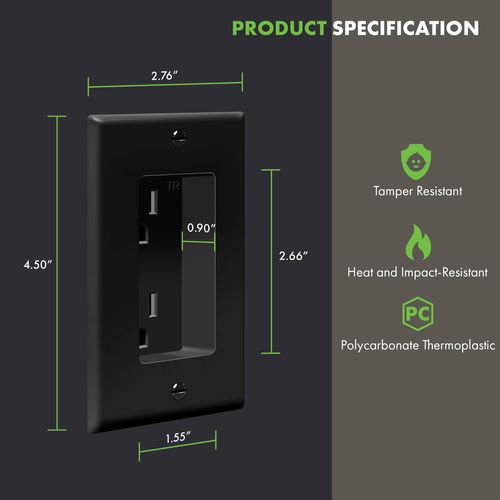 TOPGREENER Recessed Outlet Receptacle, Tamper-Resistant Recessed Power Outlet for Wall Mounted TV, A/V Equipment, Artwork, & More, Standard Size 1-Gang 4.48" x 2.76", 15A 125V, TG15RD31-BK, Black