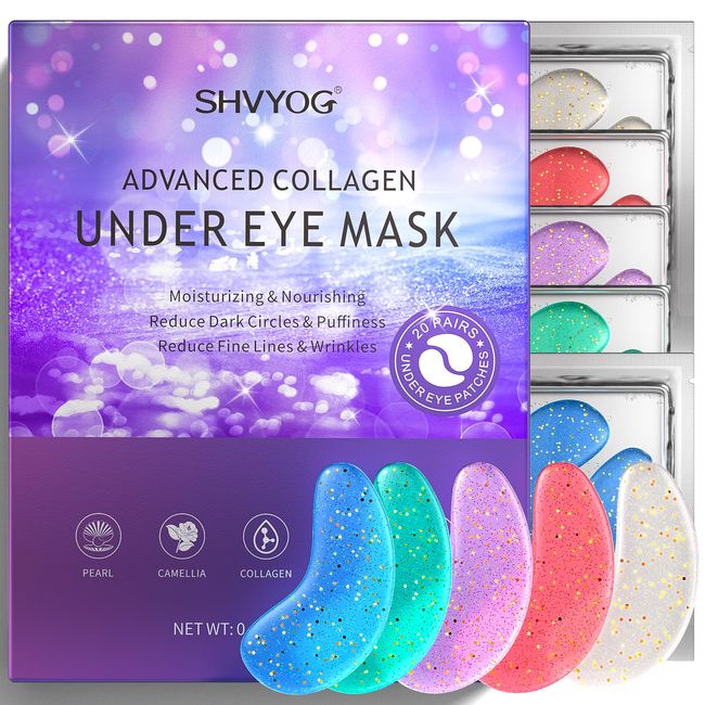 Augen Patches, Unter-Augen-Masken, gegen Augenringe und Schwellungen, Augen-Gel-Pads für geschwollene Augen, Anti-Aging, Perle, Grüner Tee, Kamelie, Meereskollagen, Lavendel, 20 Paar