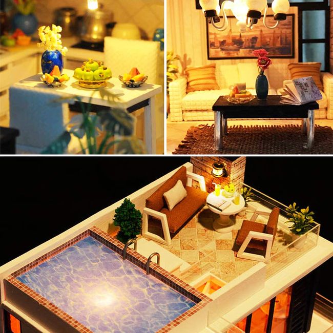 Dollhouse Miniature with Furniture, DIY Wooden Dollhouse & Ornaments  Accessories, Creative Room Villa Building s