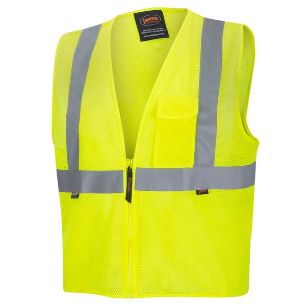 Pioneer High Visibility Safety Vest, Tricot Polyester Mesh, Zip-Up, Reflective Tape, Yellow/Green, Unisex, V1060360U-L, Large