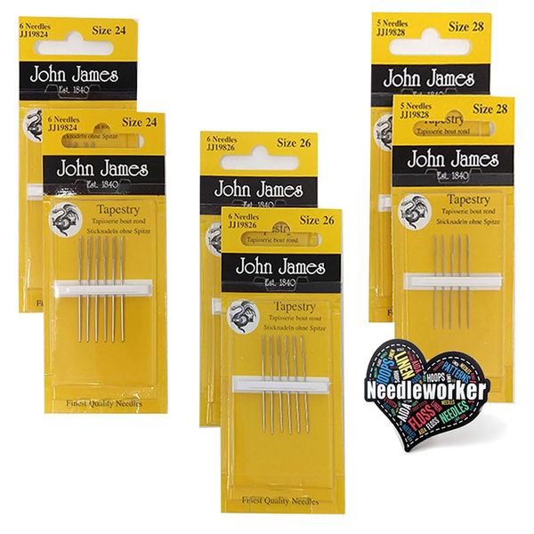 John James Tapestry Needles Set: Sizes 24, 26 & 28-2 Pack Each - Plus Decorative Needleworker Sticker
