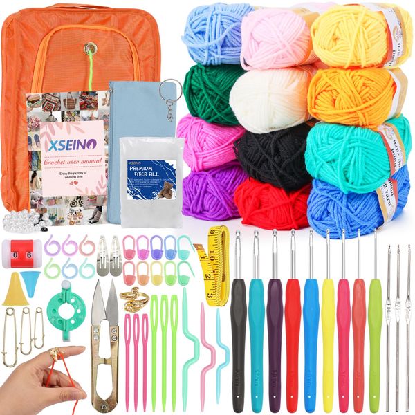 XSEINO Crochet Kit with Step-by-Step Video Tutorials，Premium Bundle Includes 12 Roll x50Yard Acrylic Yarn Balls, 12 Crochet Hooks, Crochet Bag and All Accessories Kit, Crochet Kit for Beginners