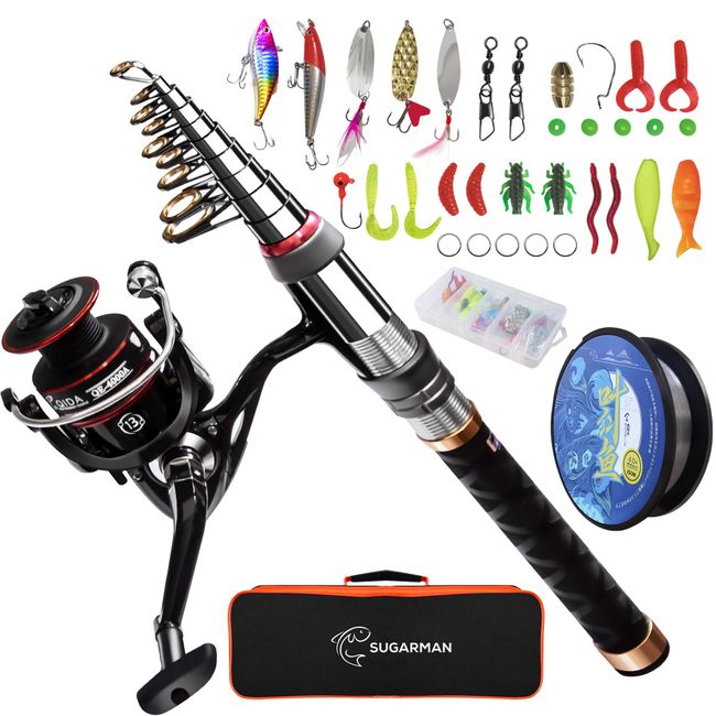 SuGarmin Fishing Set, Fishing Rod, 6.3 ft (2.1 m), Carbon Telescopic Fishing Rod, Spinning Reel, Fishing Bait, Fishing Line Included, For Beginners, Hanging Rod Set, Storage Bag and Japanese