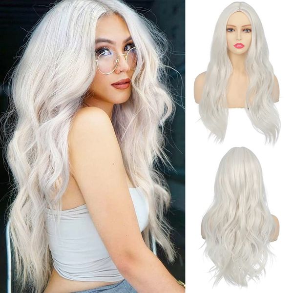 Swiking White Long Curly Wavy Wigs for Women Soft Natural Synthetic Hair Middle Parting Heat Resistant Halloween Cosplay Costume Cream White Full Wig