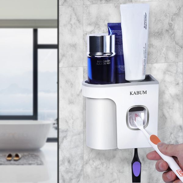 KABUM Toothbrush Holders for Bathrooms Toothpaste Dispenser - Cup Automatic Toothpaste Squeezer Wall Mounted, Toothbrush and Toothpaste Holder, Grey