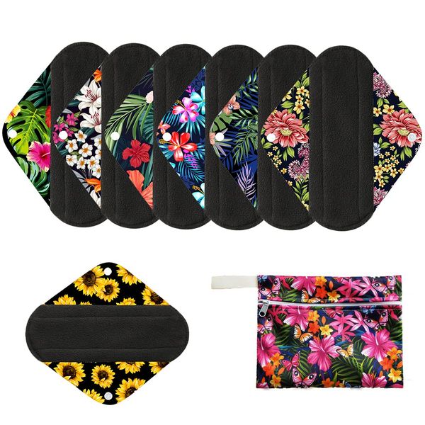 7pcs/Set Including 1pc Mini Wet Bag +6pcs Bamboo Charcoal Cloth Menstrual Pads/Reusable Sanitary Pads/Mama Panty Liners ( All Randomly Prints)