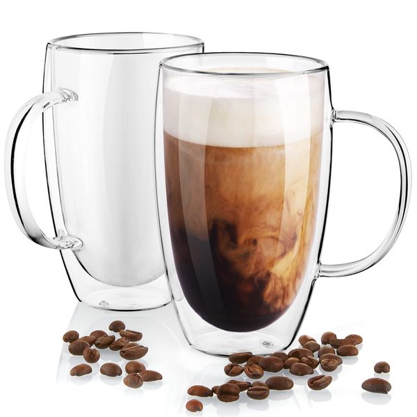 Double Wall Glass Coffee Mugs Set of 2, 16 oz Insulated Coffee Mug with Handle, Clear Borosilicate Glass Coffee Cups for Cappuccino, Tea, Lightweight and Microwave Safe