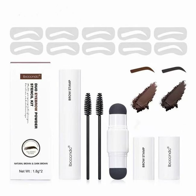 Double Eyebrow Stamp Stencil Kit,Professional Adjustable Waterproof Eyebrow Powder Stamp Makeup with 10 Reusable Eyebrow Stencils& 2 Eyebrow Brushes(Natural Brown+Dark Brown)