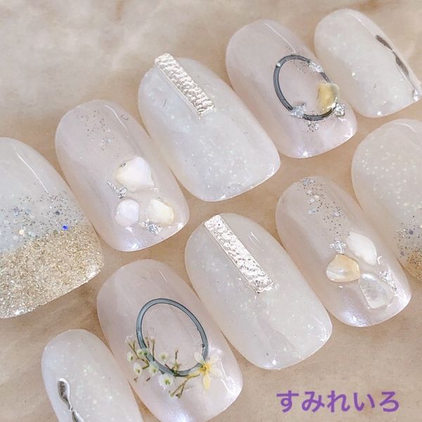 Nail tip false nails bridal nails cute short long bridal autumn nails nail present short nails small nails large nails berry short chibi nails adult nails false nails white nails white<br> [1650] White silver shell botanical flower b/ap