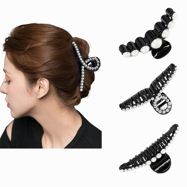 IYOU Französisch Perle Haar Krallen Schwarz Groß Kunststoff Haarkrallen Clips Dickes Rutschfest Draußen Haar Kiefer Clips für Frauen und Mädchen(3 Stück)