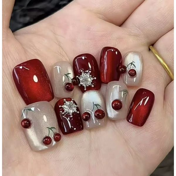 10pcs Handmade 3D Sweet Cherry Crystal Cat-eye Press On Nails, Short Square