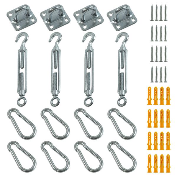 Woodside 4 Piece Galvanised Steel Sun Sail Shade Fixing Accessory Kit, Includes 4 x Turnbuckles, 4 x Pad Eyes, 8 x Snap Hooks, Wall Fixings