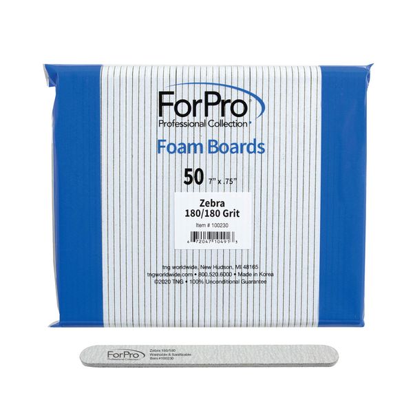 ForPro Professional Collection Zebra Foam Board, 180/180 Grit, Double-Sided Manicure Nail File, 7” L x .75” W, 50-Count