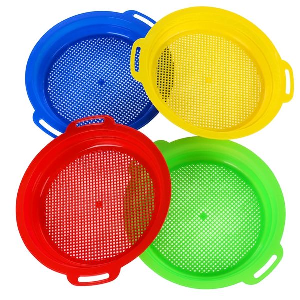 QINGLER Sand Sifters Sieve for The Beach Sand Toys (Red, Blue, Yellow & Green) Complete Gift Set Bundle-4Pack(8.75x 9.75in)…